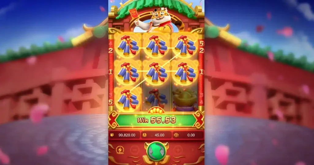 Reprodução do Fortune Tiger com rolos brilhantes e animação de vitória